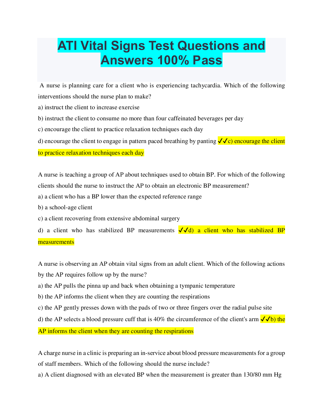 Preview of ATI Vital Signs Test Questions and Answers 100% Pass